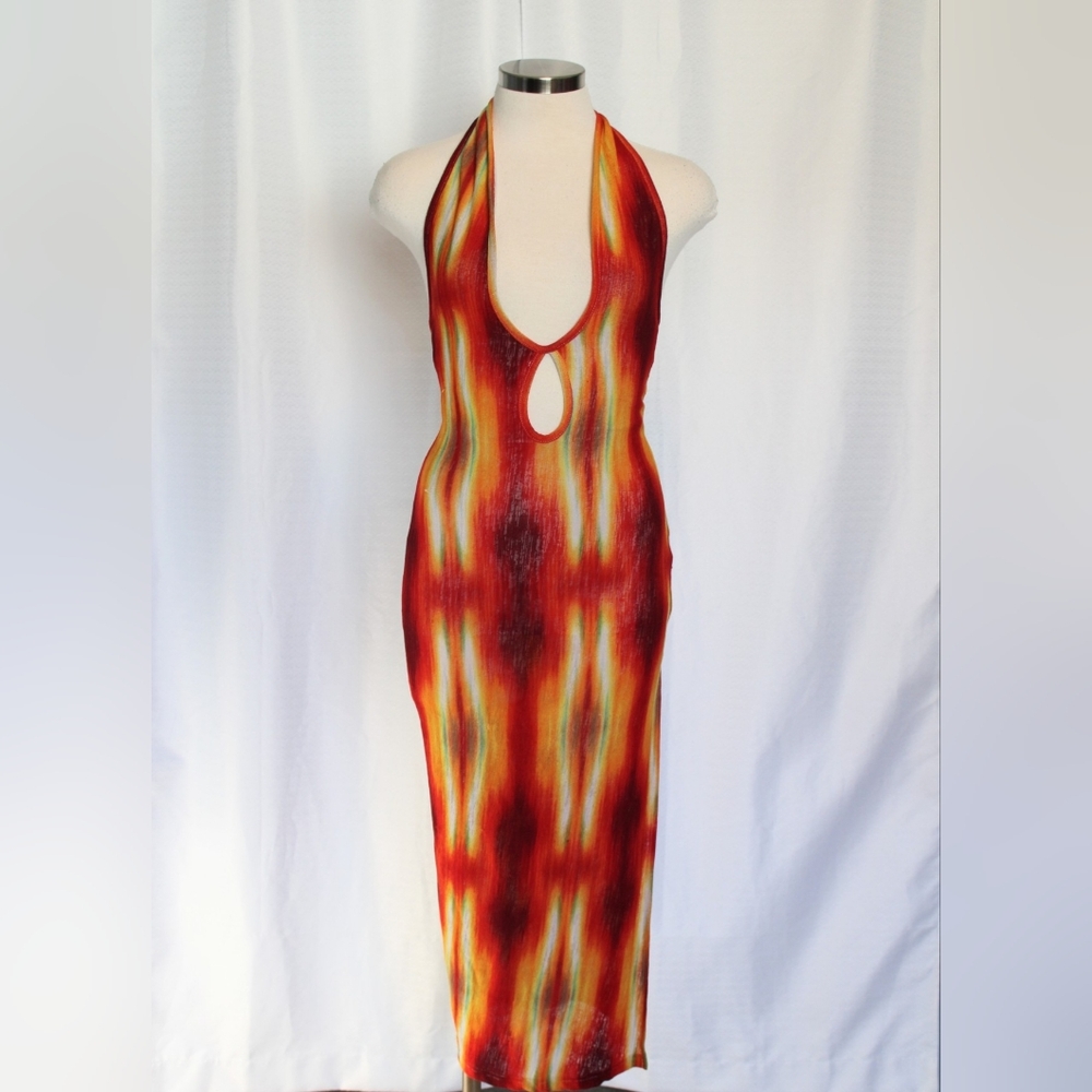 SHEIN XS Halter Cutout Maxi Dress Red Orange Split - Picture 3 of 7